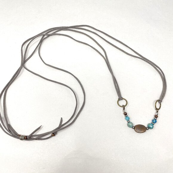 Beaded Leather Cord Necklace Long Length‎ Adjustable Boho Copper Turquoise Blue - Picture 1 of 5
